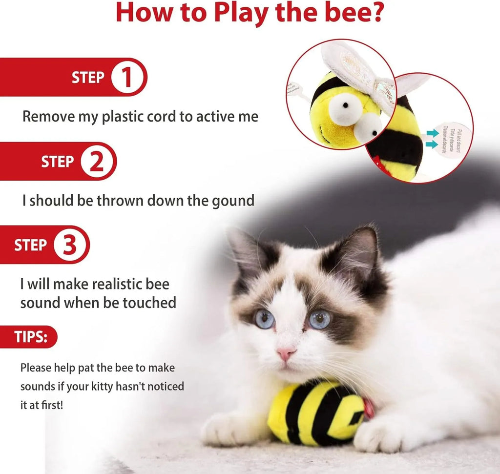 Yellow bee-shaped electronic cat toy with motion-activated squeaking for indoor feline play