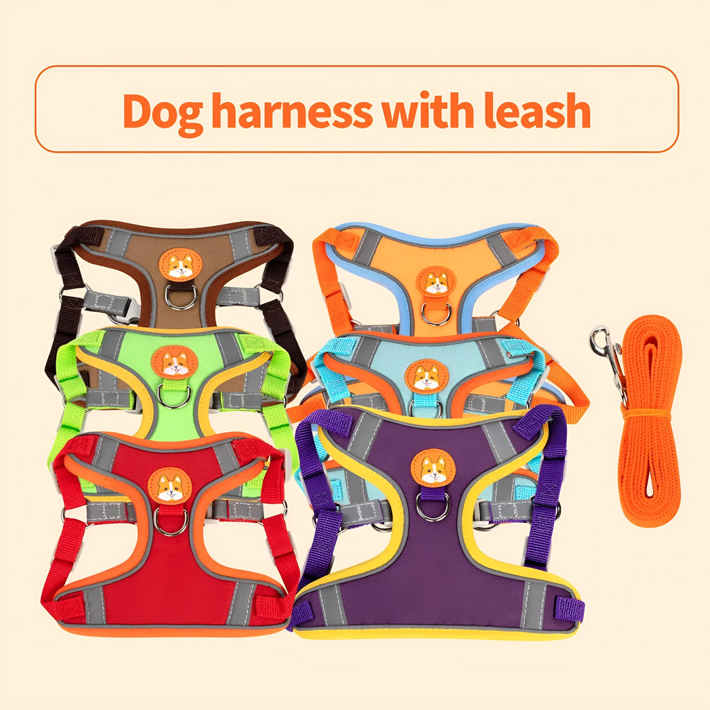 Adjustable dog vest harness with haulage rope lead in multiple colours showing chest strap attachment