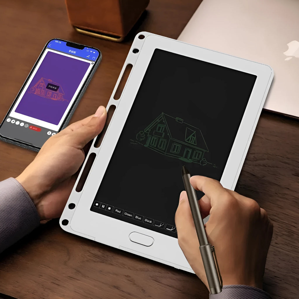 85-inch electronic writing pad with smart pen in black, dark blue, or sky blue stitching design.