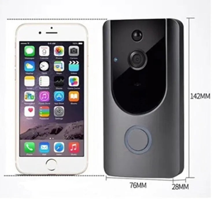 Smart WiFi video doorbell camera in gray with 166° wide-angle lens and visual intercom display