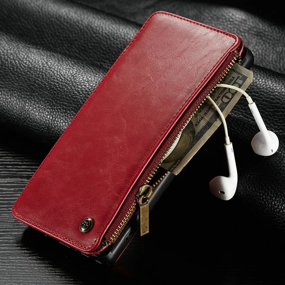 Black PU leather flip phone case for Samsung Galaxy Note9 showing card slots and magnetic closure.