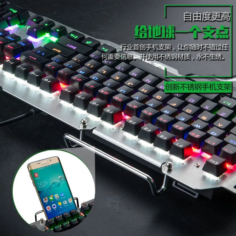 Silver grey wired mechanical gaming keyboard with mixed backlighting on desk