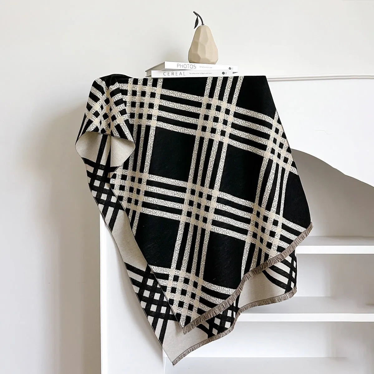 Long brown imitation cashmere scarf with tassel ends laid flat showing its full 185cm length.