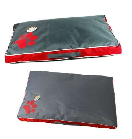 Waterproof Oxford cloth pet nest bed with removable washable cover, non-slip bottom, in red, blue or black.