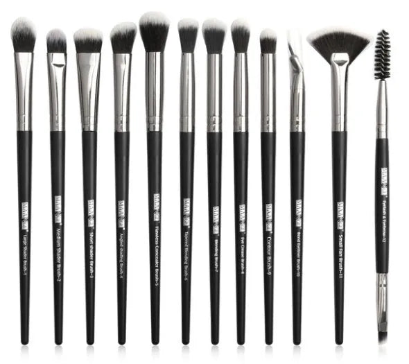 12 piece eye makeup brush set with nylon bristles and portable plastic handles in six colour options