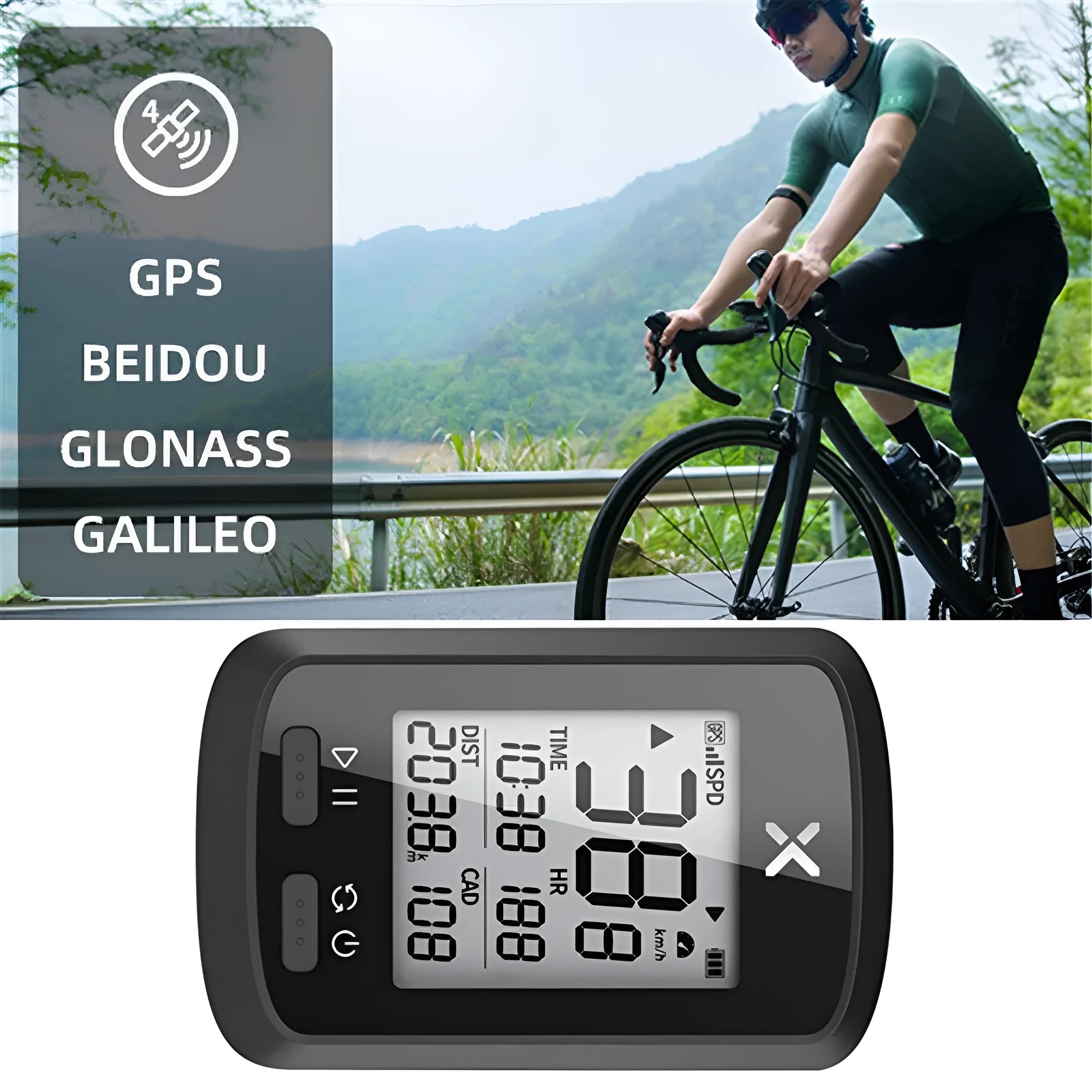Black waterproof bicycle stopwatch with digital display mounted on bike handlebars