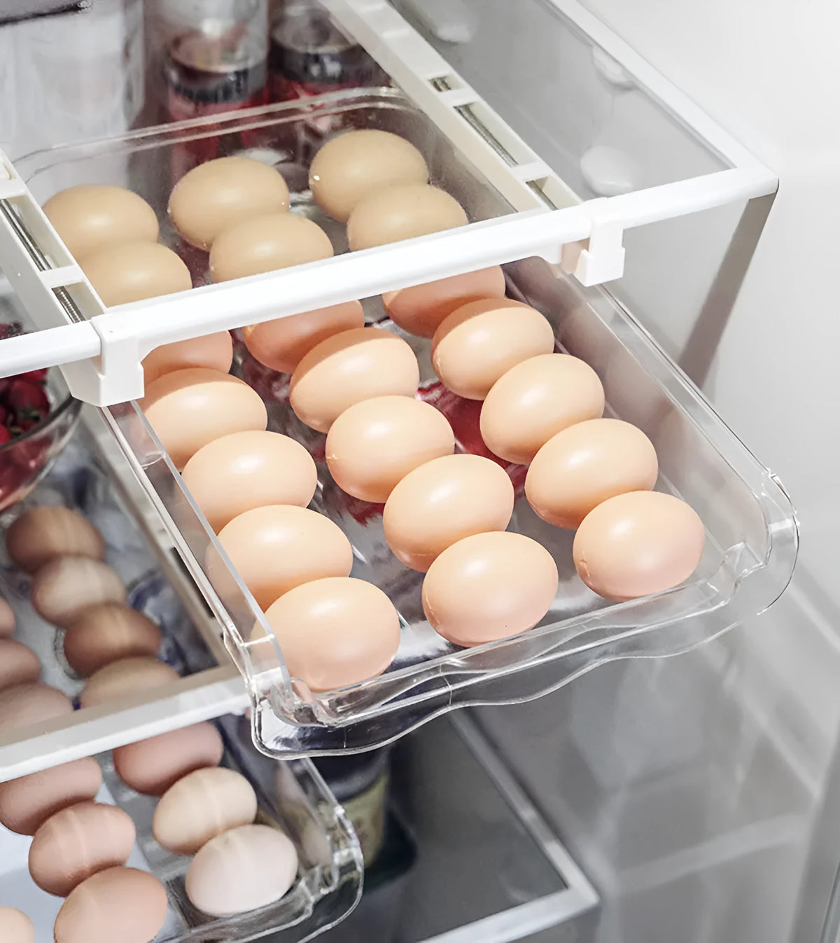 Transparent plastic stackable fridge storage rack with pull-out drawer for eggs and vegetables