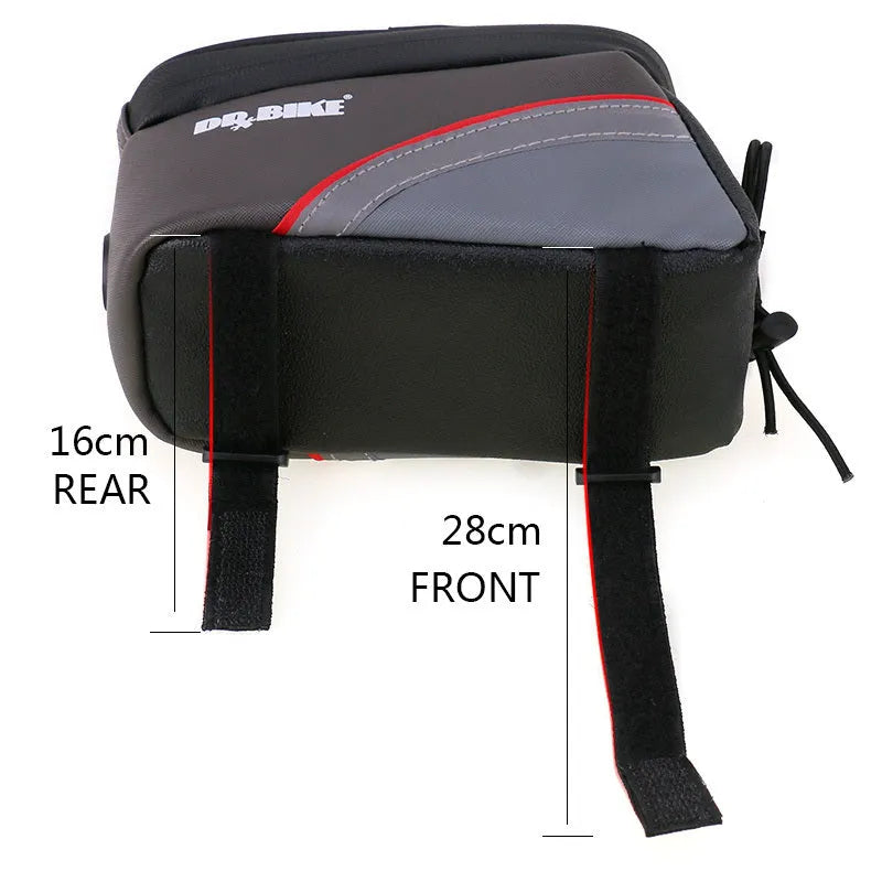 PU bike frame front top tube bag in red and grey, 20 x 10 x 12cm, with elastic string and Velcro tape