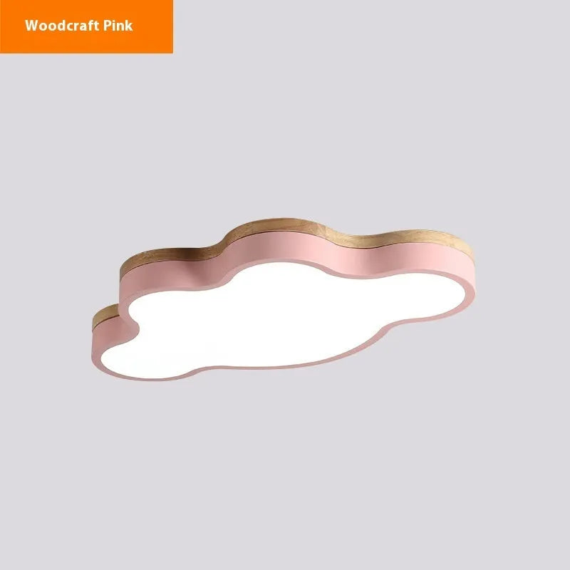 Cloud shaped wooden frame LED ceiling lamp showing four colour options and two size configurations