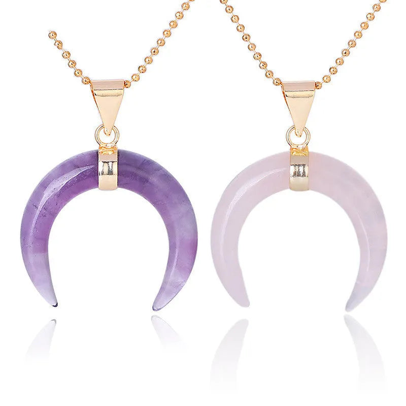 Natural crystal moon pendant necklace with adjustable chain and electroplated copper fittings