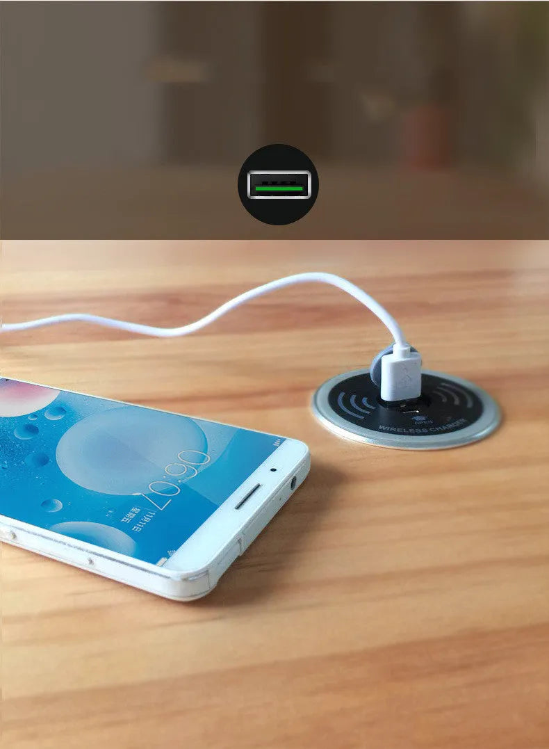 Black desktop embedded Qi wireless charger with 60mm inner diameter for desk hole installation