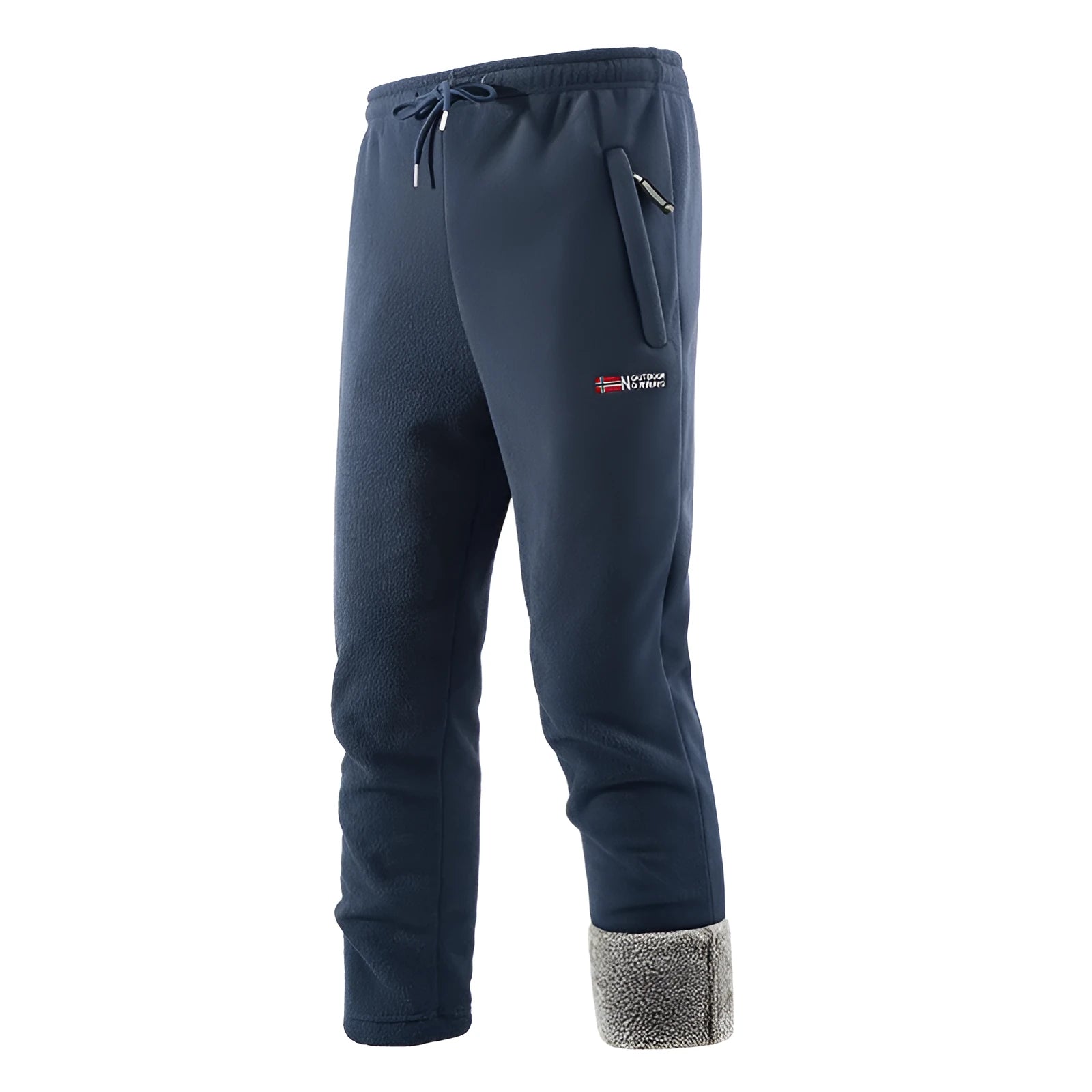 Fleece-lined thickened men's long pants in dark blue with flared low-waist style and patchwork design