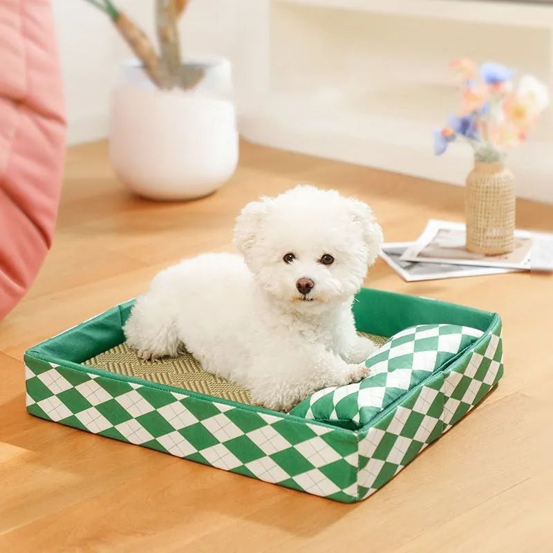 Blue rattan cat mat with removable cover serving as a litter mat and pet bed.