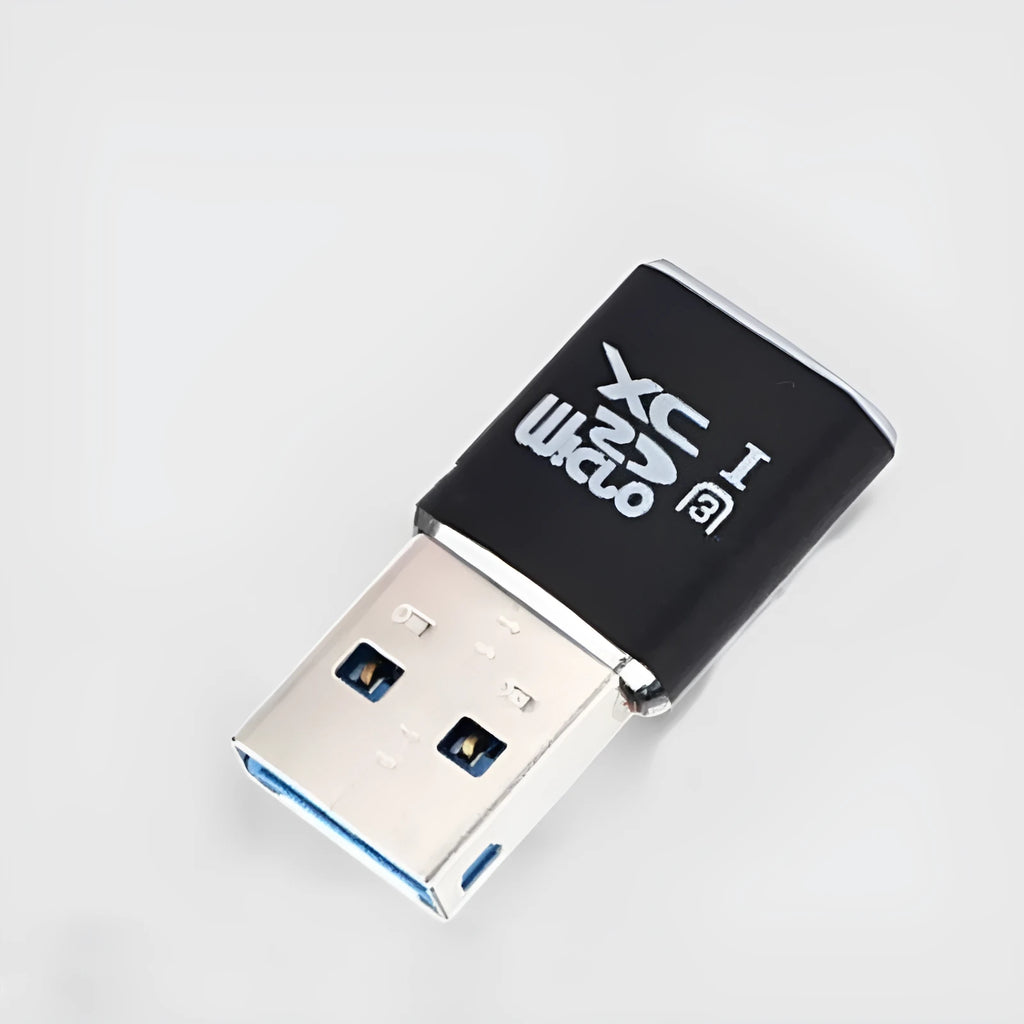 Black USB 3.0 card reader for Micro SD and SD memory cards on a grey background.