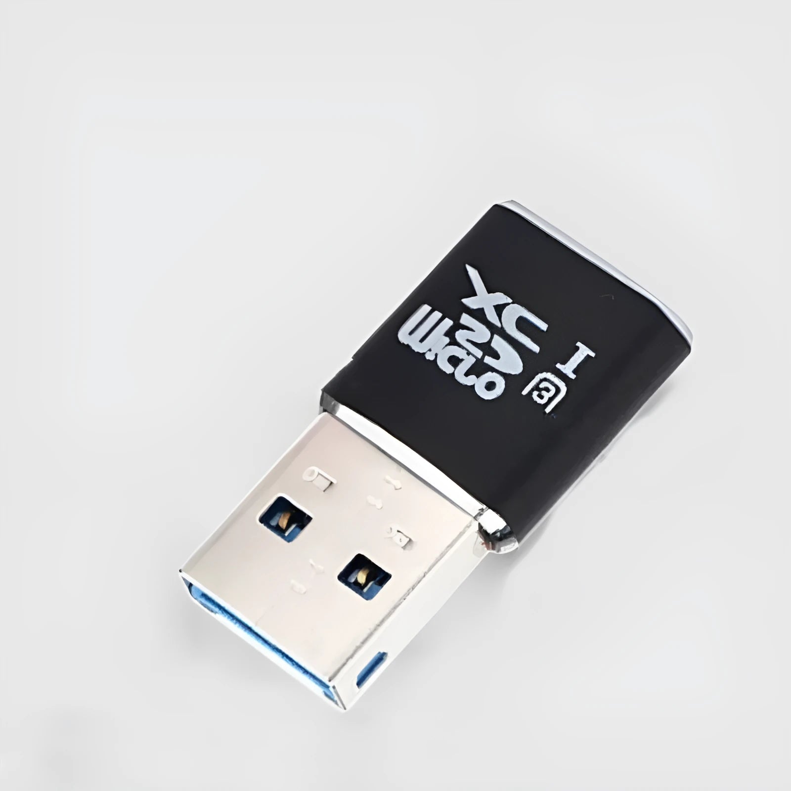 Black USB 3.0 card reader for Micro SD and SD memory cards on a grey background.
