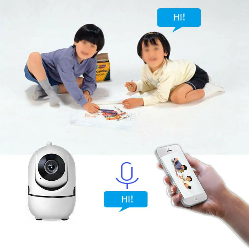 White WiFi wireless CCTV IP camera with HD 1080P night vision and 355° pan tilt for indoor home security