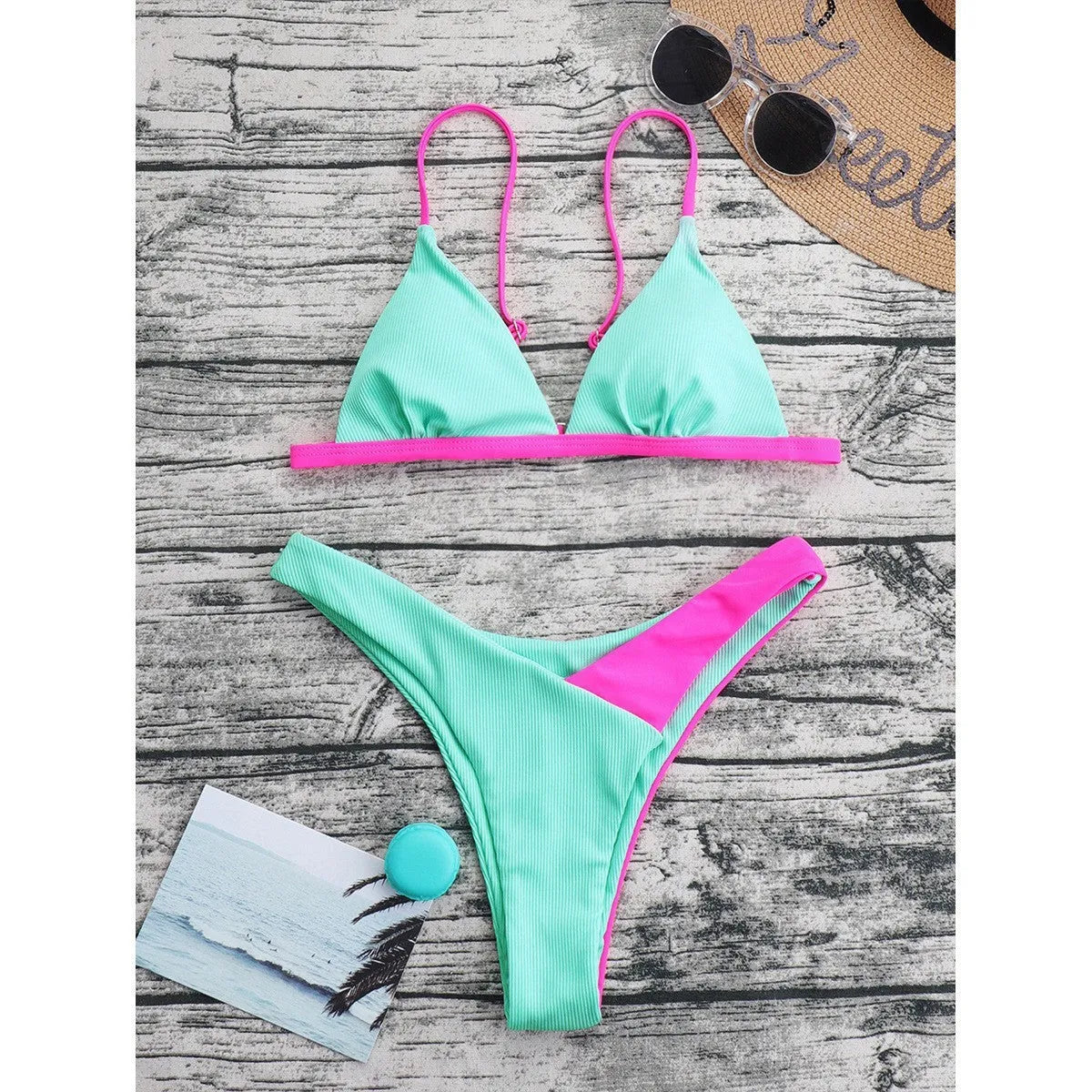 Women's two-piece swimsuit in briefs style, nylon fabric, showing Pattern 1 and Pattern 2 colour options.