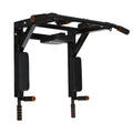 Black metal wall-mounted fitness rack for sandbag and single parallel bars pull-up training.