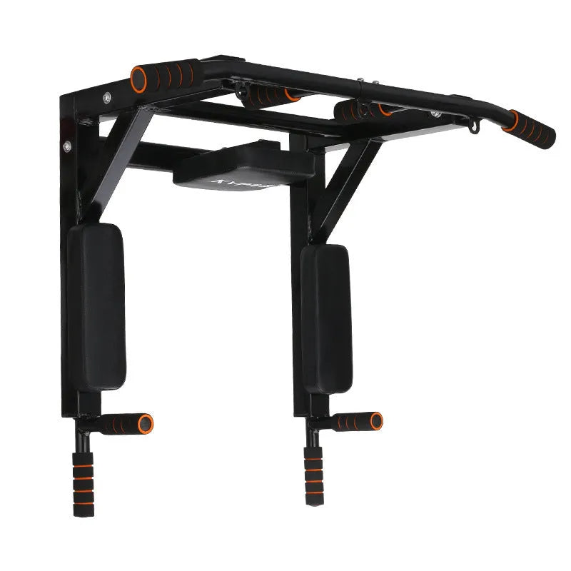 Black metal wall-mounted fitness rack for sandbag and single parallel bars pull-up training.
