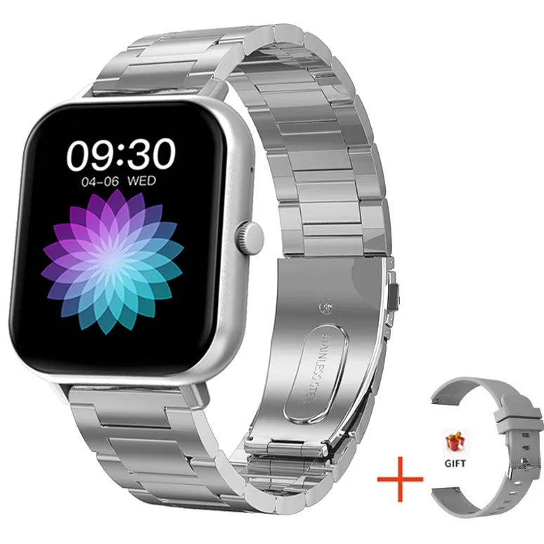 Smart watch with AMOLED screen showing health monitoring functions including heart rate and blood oxygen
