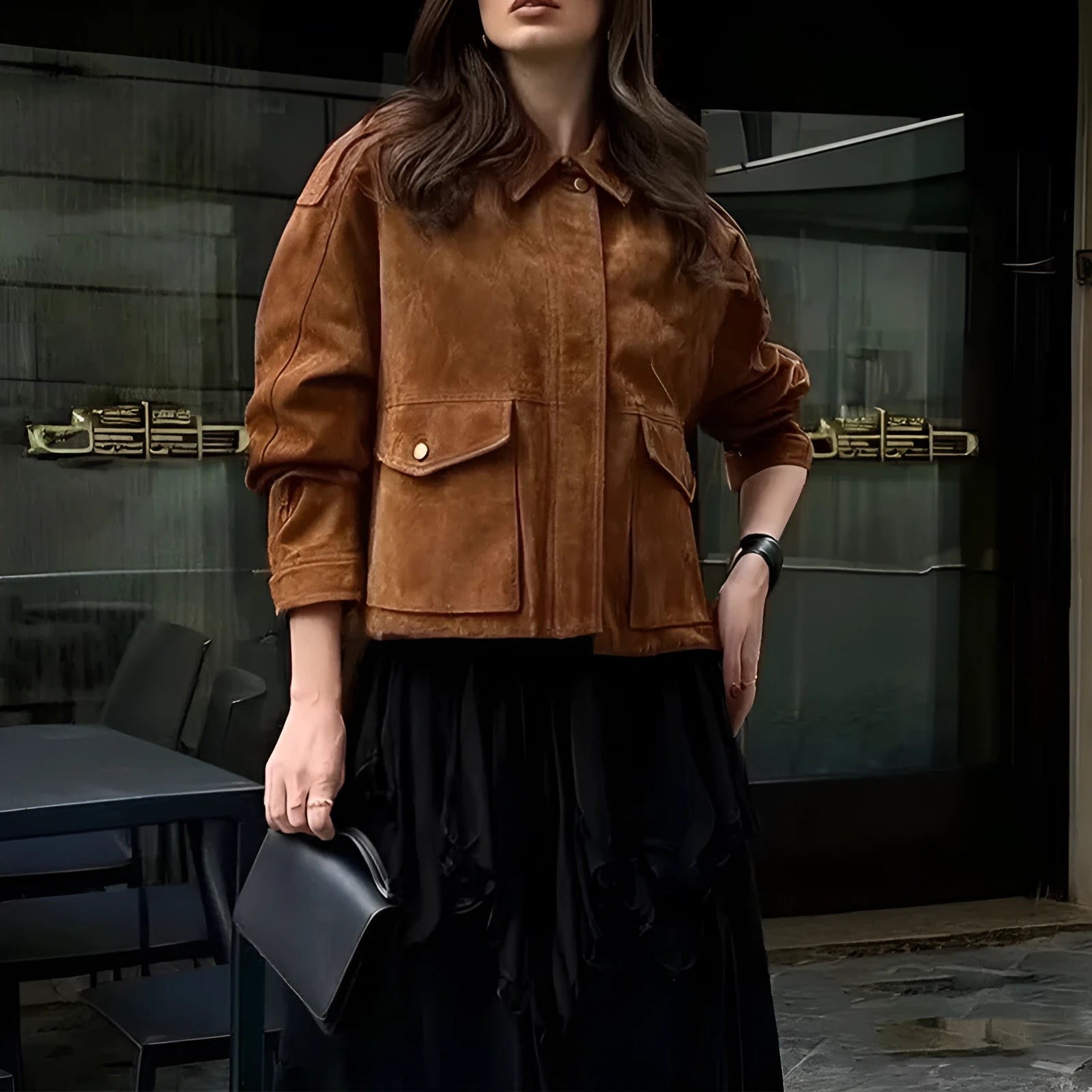 Women's brown suede-effect polyester coat with regular sleeves on a hanger