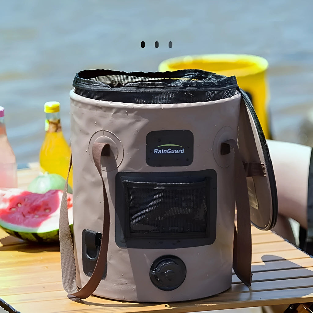 Lemon yellow plastic folding fishing bucket with a 25-litre capacity, shown both open and collapsed flat.