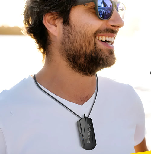 Black wearable air purifier necklace showing compact size and USB port for charging.