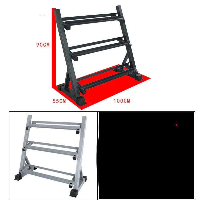 Three-layer black dumbbell rack with angled iron shelves and square tube frame