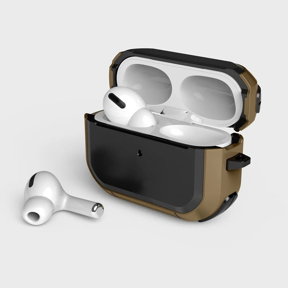 Black TPU and PC plastic protective shell snapped onto a white Apple AirPods Pro charging case.