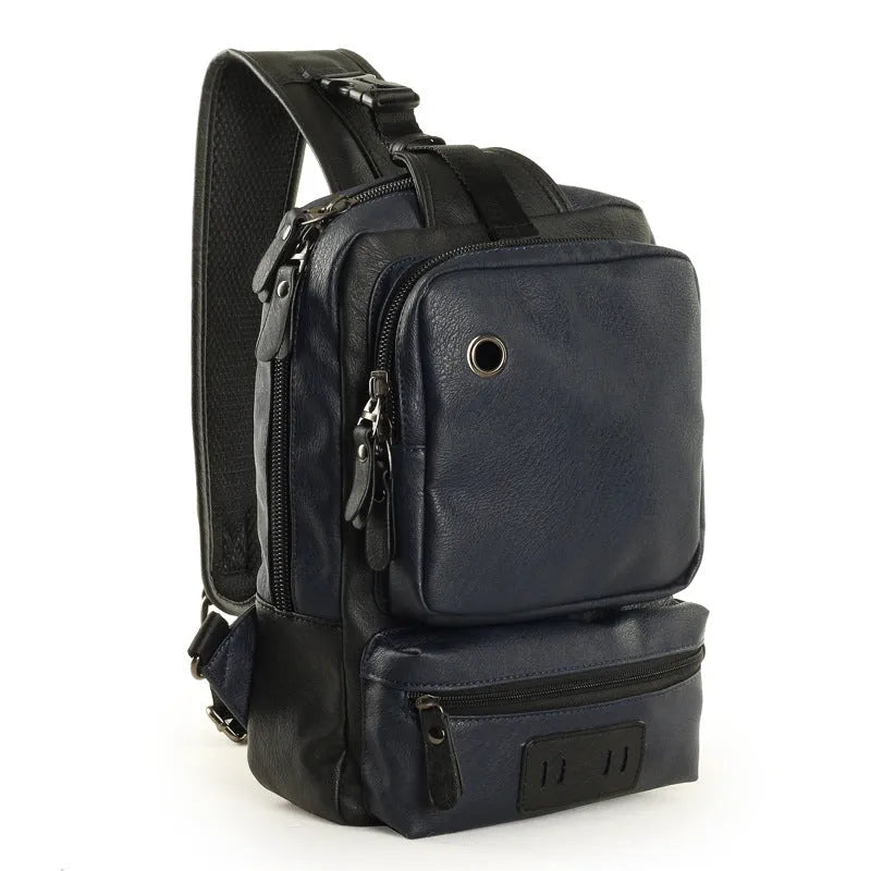 PU leather men's chest bag satchel in black, 21x13x34cm, with zip opening and ID pocket, fits 9.7 inch iPad