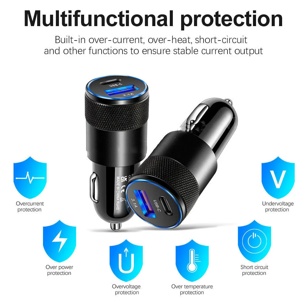 Aluminium alloy mobile phone car charger for 12V vehicles in compact design