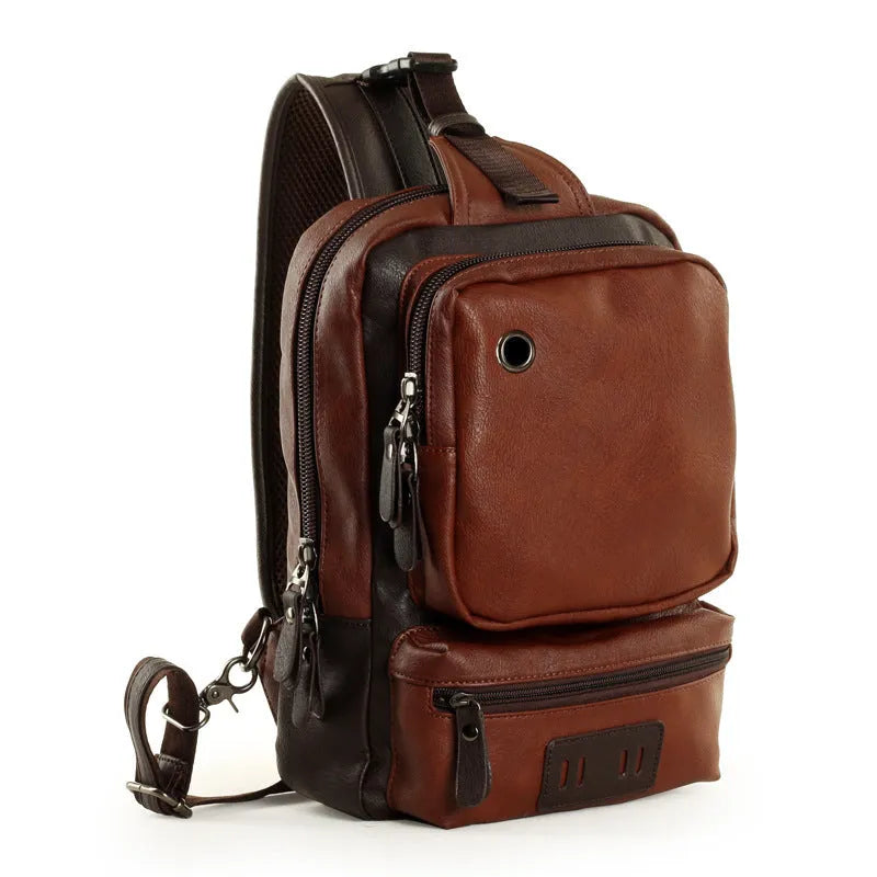 PU leather men's chest bag satchel in black, 21x13x34cm, with zip opening and ID pocket, fits 9.7 inch iPad