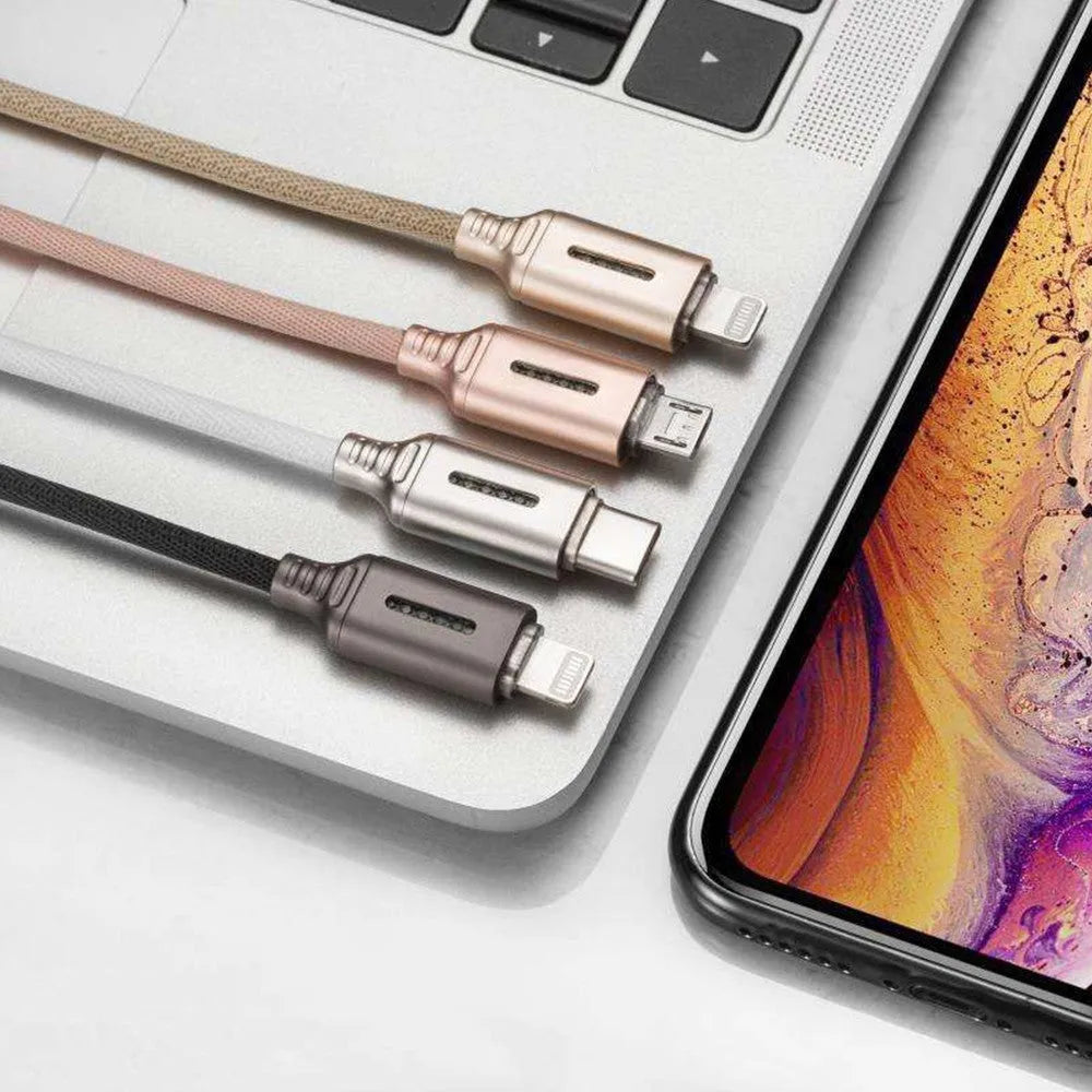 Fabric braided USB charging cable in various colours with Android, iPhone, and Type-C connectors