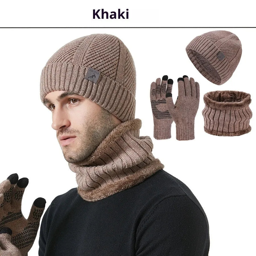 Winter men's wool knit hat scarf gloves three-piece set in gray casual style