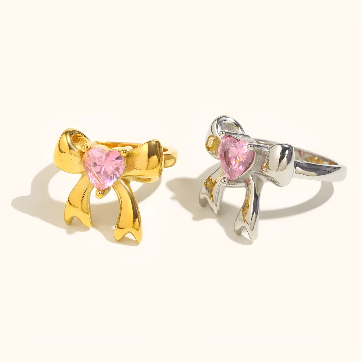 Stainless steel bowknot ring in gold or silver with geometric bow design, sizes No 6 to No 8