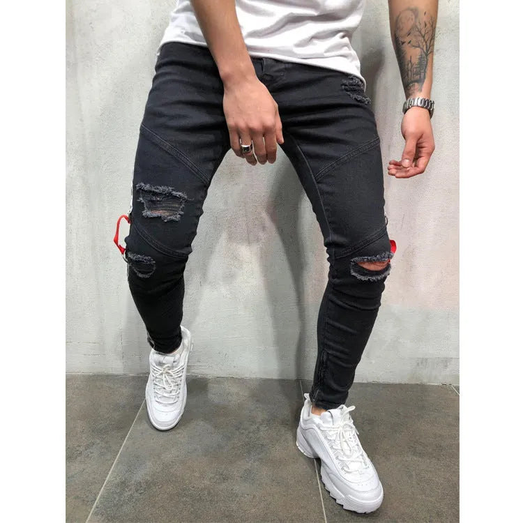 Men's casual low-waist flat-front canvas trousers in black with zip closure and pencil leg