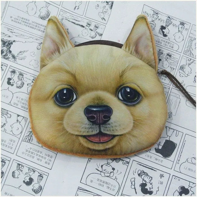 Cute cat face zipper coin purse in soft plush material, 13x12.5cm size, isolated on background