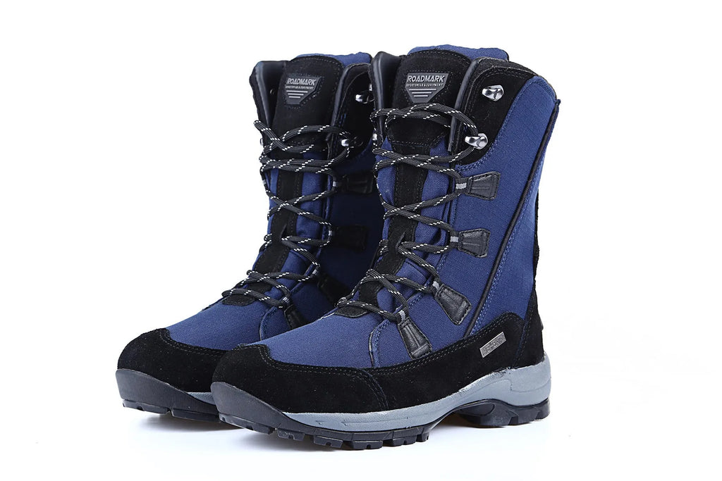 Women's mid-calf thermal snow boots in black with a genuine leather upper and rubber sole.