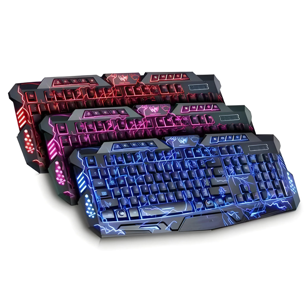 Black gaming keyboard with three-colour LED backlight showing blue backlighting and anti-skid stand