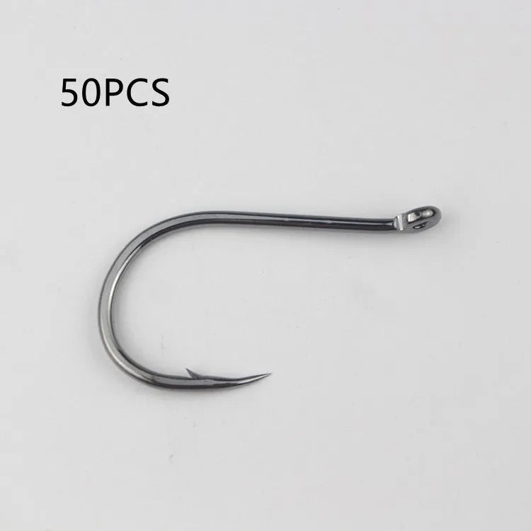 Barbed sea fishing hooks with ring eye and crooked point in a bulk pack for rock and saltwater fishing.