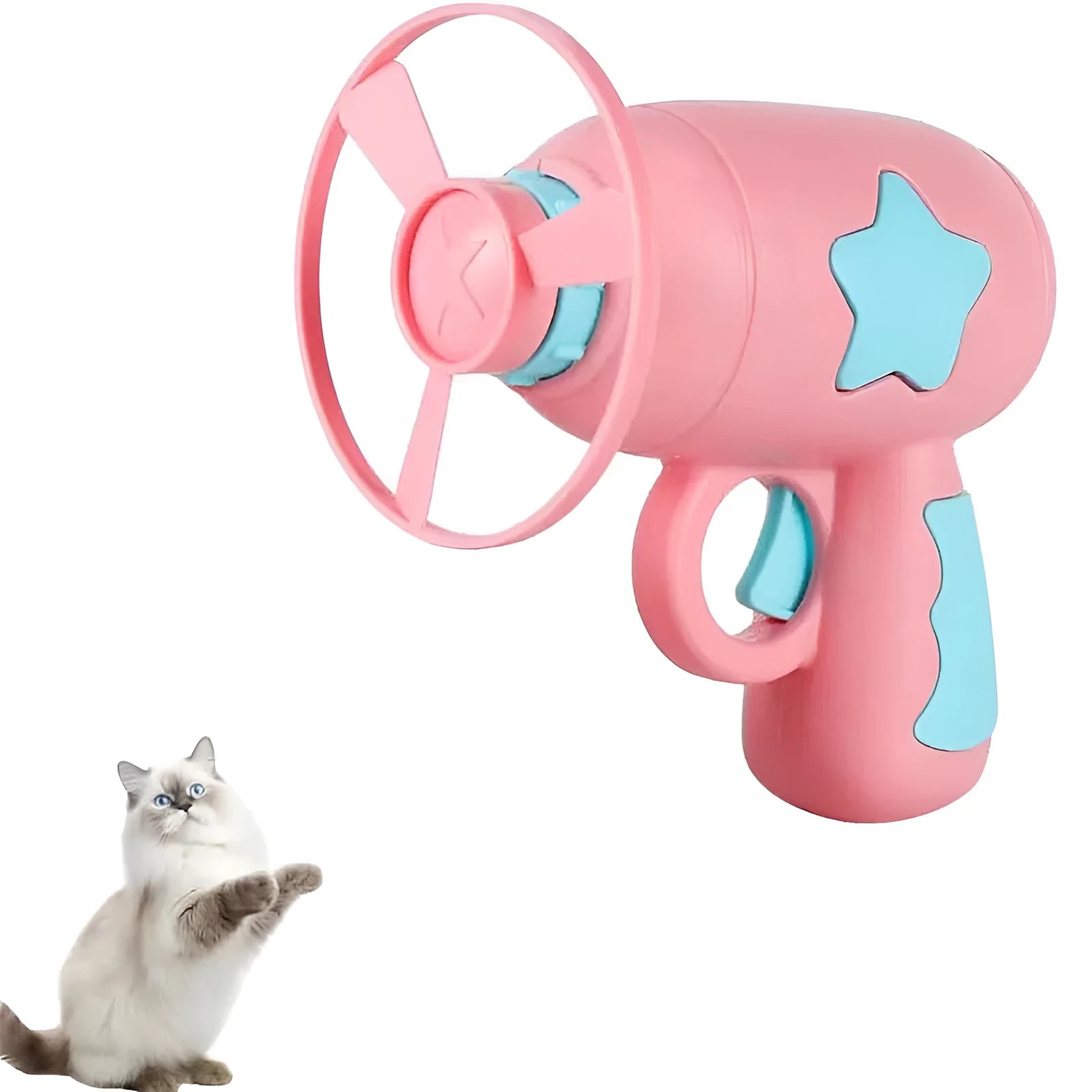 Blue plastic cat toy gun with disc launcher and Frisbee for indoor feline play
