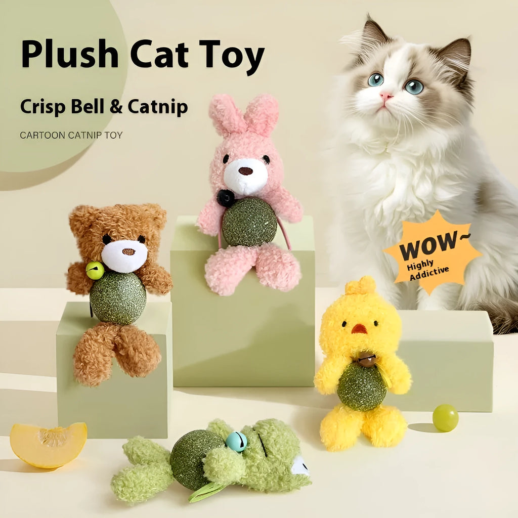 Brown bear plush catnip toy with mint ball centre and bell for feline dental care and play