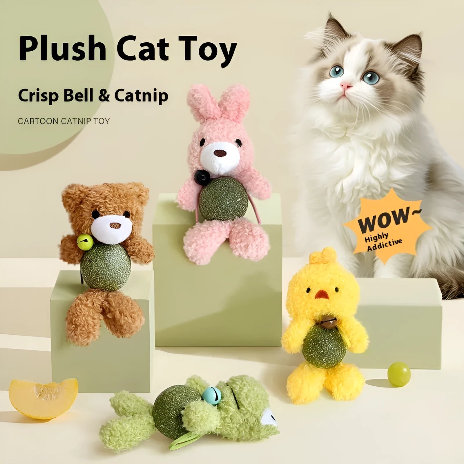 Brown bear plush catnip toy with mint ball centre and bell for feline dental care and play