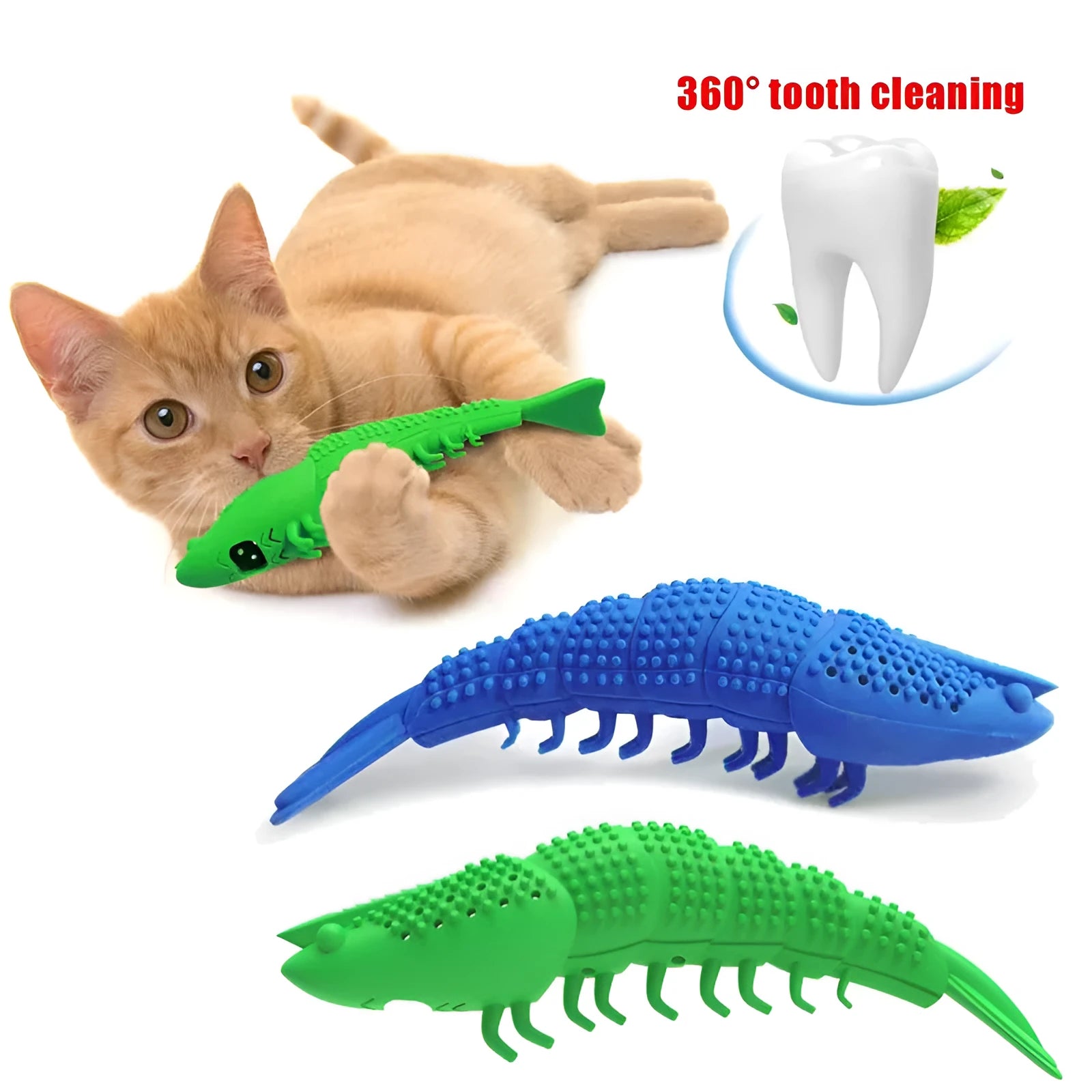 Blue cat toy with rubber toothbrush design for dental cleaning during play