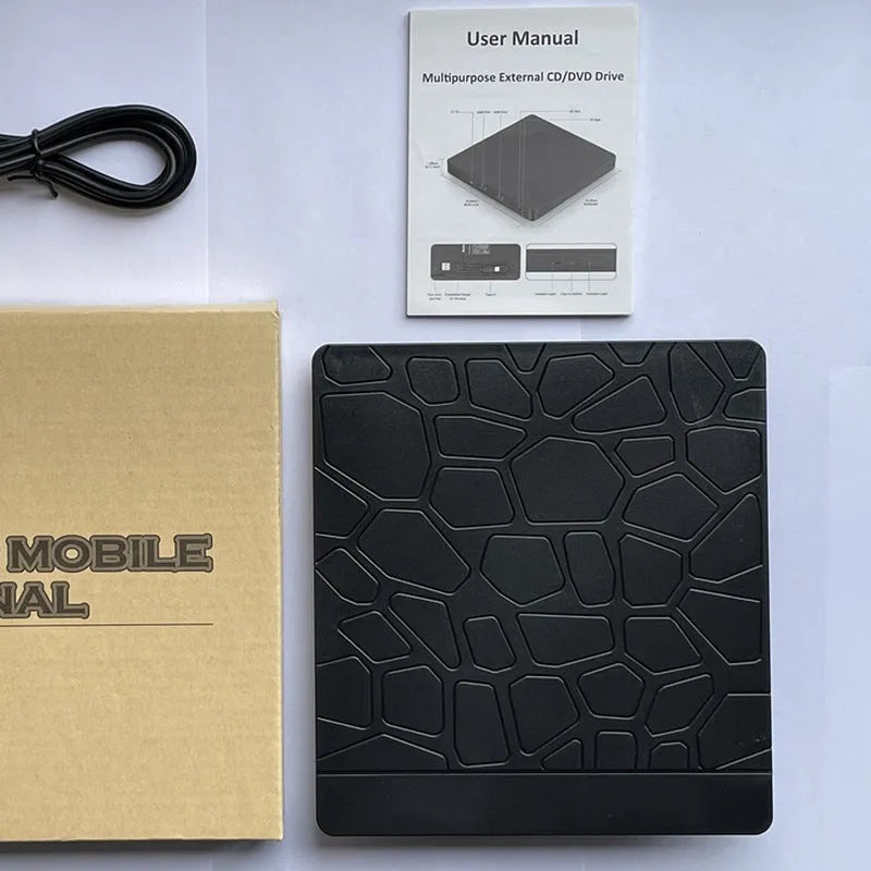 Black 5-in-1 external optical drive for notebook computer with dual interface, size 15.4x14.3x1.8cm
