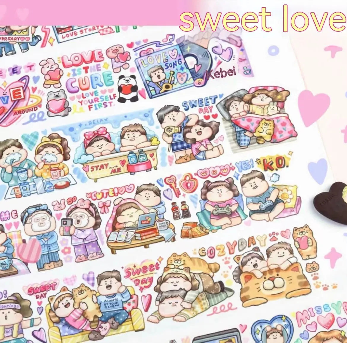Sheet of cute cartoon character adhesive stickers printed on Japanese paper for medical packaging.