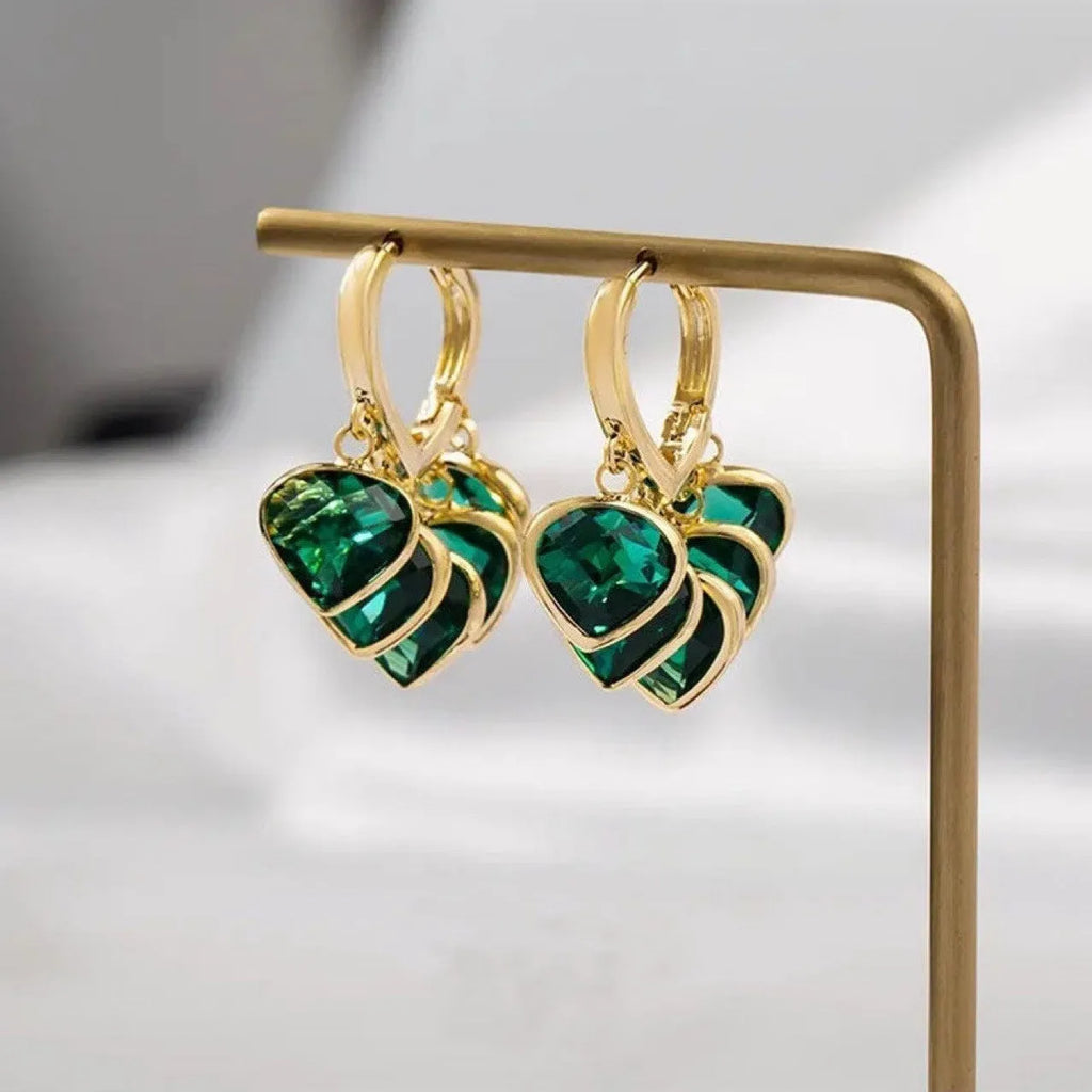 Green glass heart pendant ear clip earrings in Korean style with copper alloy construction