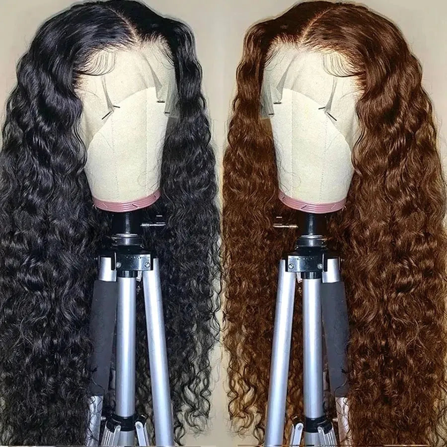 Women's front lace wig in long curly style with side bangs, small roll design, available in multiple colours and sizes