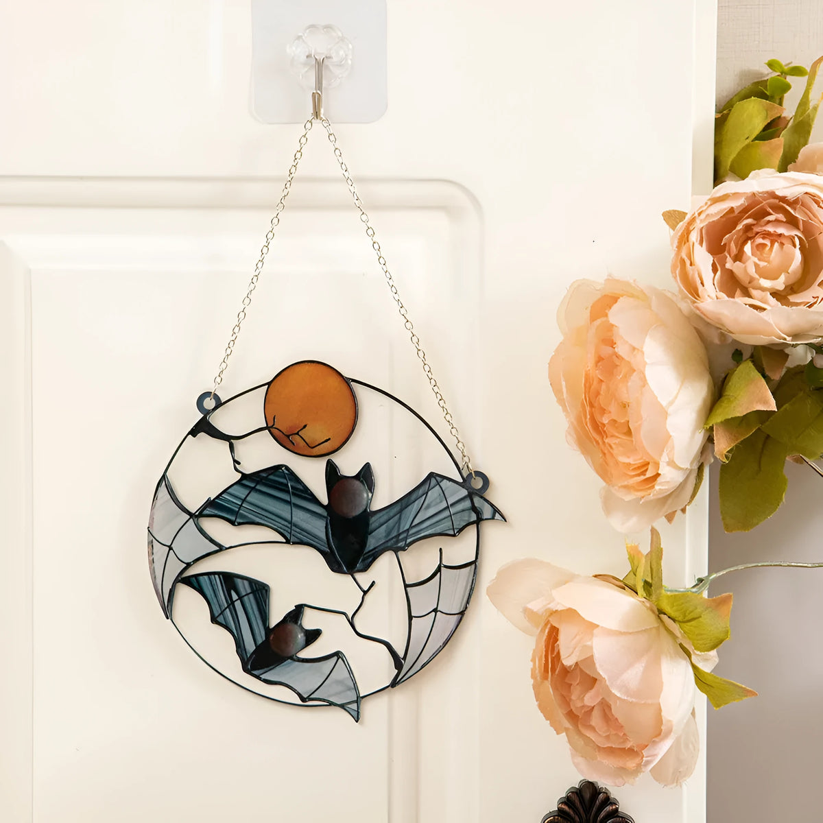 Moon bat decorative acrylic pendant with engraved and printed bat design on clear background, 15.3cm x 15cm