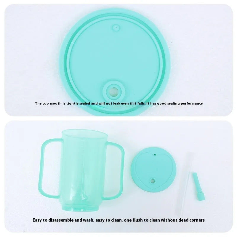 Adult bedside drinking cup with lid and handle, shown in various styles including an oblique mouth choke-proof design.